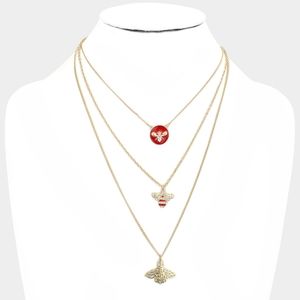 Red Burgundy Gold Bee Crystal Rhinestone Triple Layered Necklace Pendant Chain